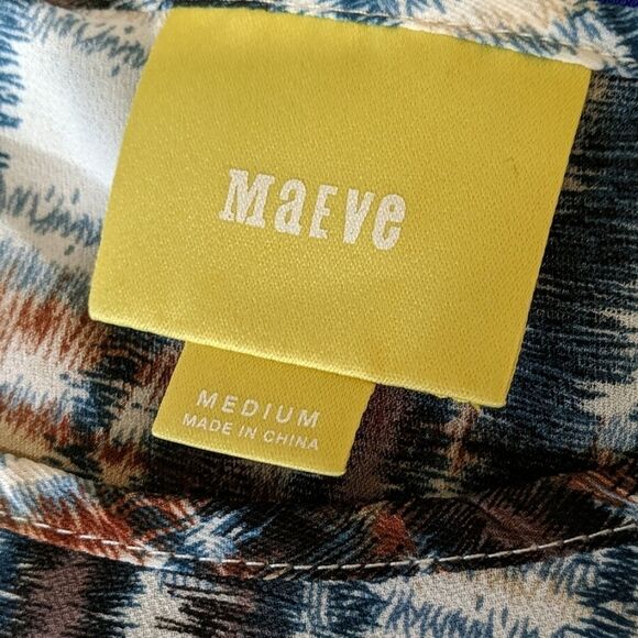 Maeve Blouse Medium Plaid Blue Brown Top Lightweight Semi Sheer - Picture 6 of 7